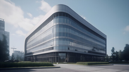 A modern company office building with glass facade and a sun shining on the windows
