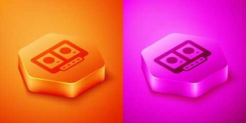 Isometric DJ remote for playing and mixing music icon isolated on orange and pink background. DJ mixer complete with vinyl player and remote control. Hexagon button. Vector