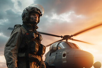 A helicopter pilot in uniform and helmet stands next to a helicopter with the sun behind him. - obrazy, fototapety, plakaty