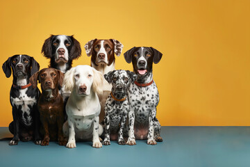 Group portrait of dogs. Studio shoot. Pets animals guns