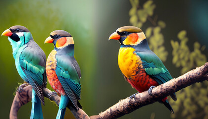 Colorful little birds are standing on the branch