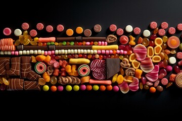 Basic repeated design featuring various candies arranged together. Generative AI