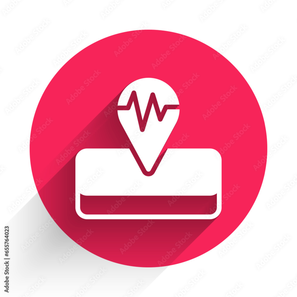 Poster white earthquake icon isolated with long shadow background. red circle button. vector