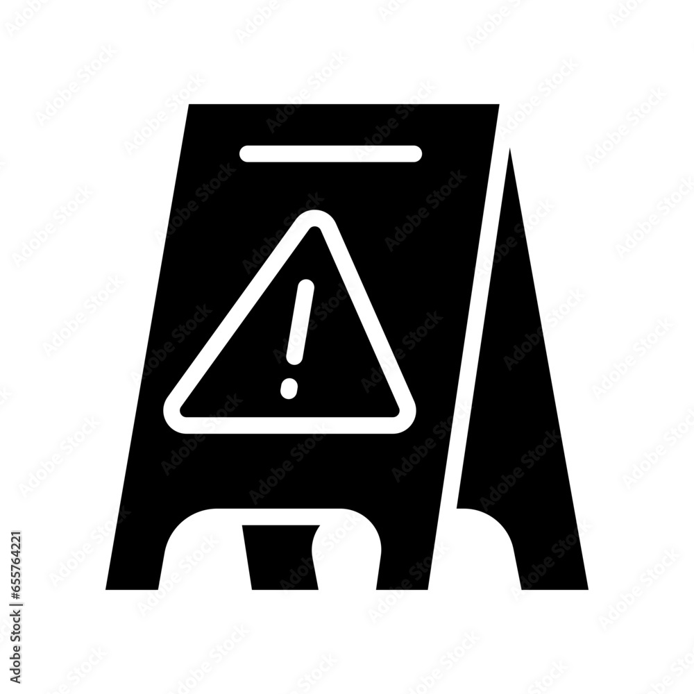 Poster yellow plastic slippery wet floor caution sign triangle with exclamation mark. cleaning floor elemen