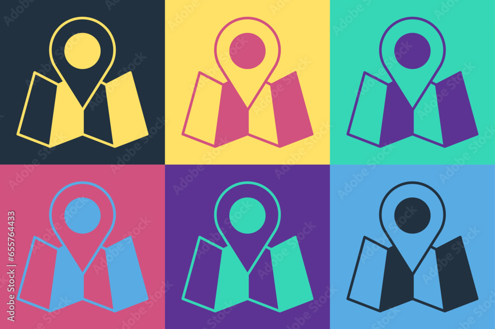 Poster pop art folded map with location marker icon isolated on color background. vector