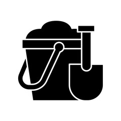 Colorful toy Bucket and spade, sand in green bucket with blue shovel. Colorful plastic kid toy for play sand. in Summer Beach icon. Flat and line Vector illustration filled outline style