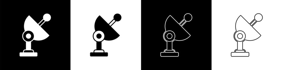Set Radar icon isolated on black and white background. Search system. Satellite sign. Vector
