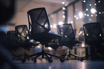 A row of chairs in empty conference room, blurred lights in the background