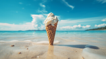 Product photograph of Icecream cup in the sand on a tropical beach. Sunlight. Blue color palette. Drinks.