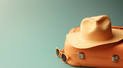 A suitcase with hat and sunglasses isolated on bright background with copyspace. summer, travel and vacation concept - obrazy, fototapety, plakaty