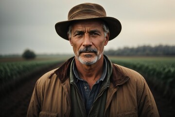 Closeup portrait of a senior farmer standing in agricultural field