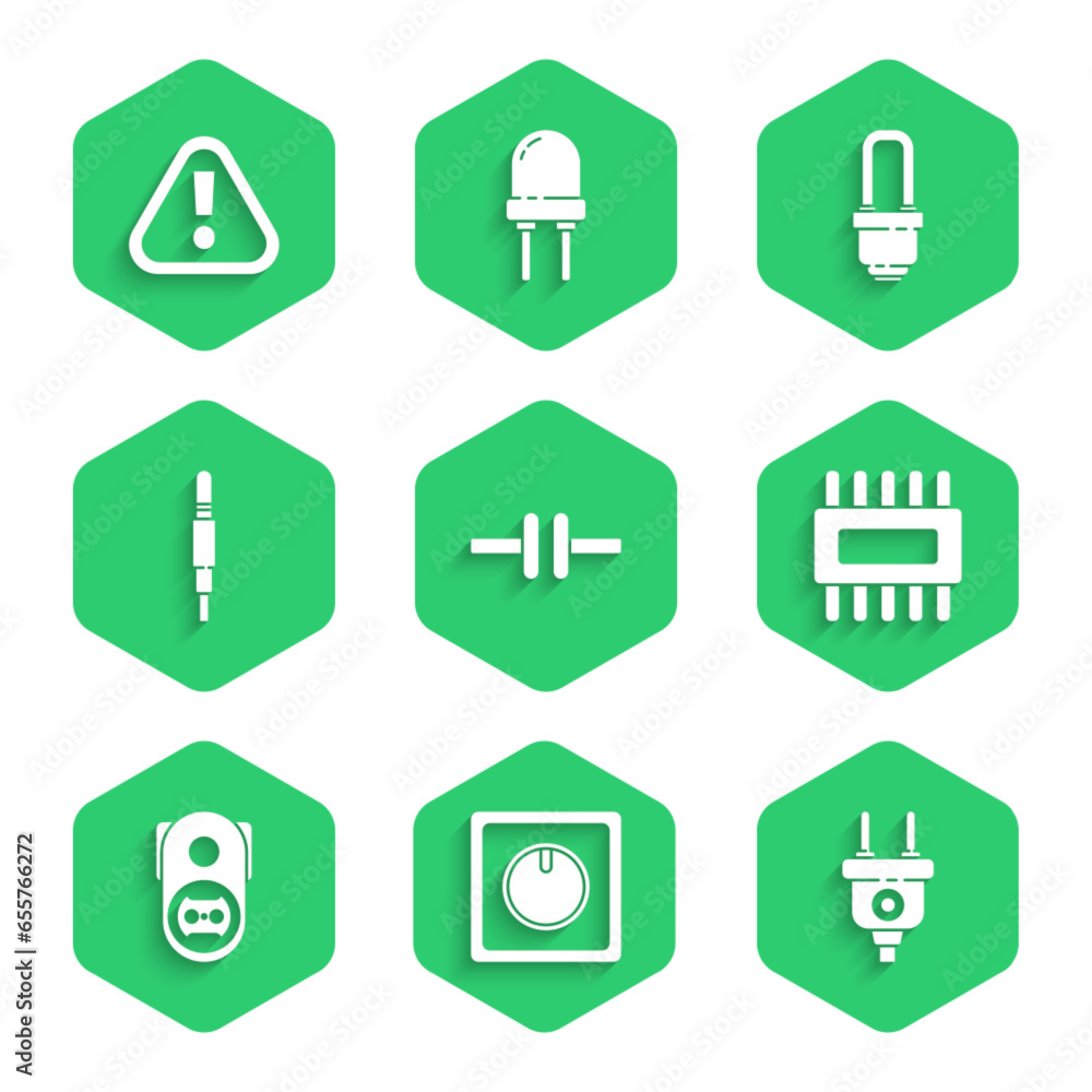 Poster set electric circuit scheme, light switch, plug, processor with microcircuits cpu, electrical outlet