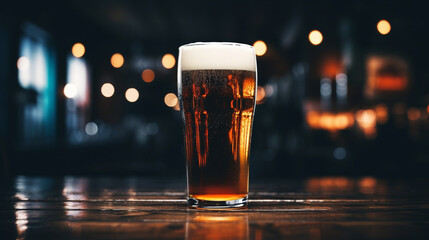 Product photograph of Beer pint glass on a table in a nigth bar. Dramatic light. Yellow color palette. Drinks.