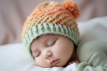 Adorable infant in knitted hat peacefully napping in a fluffy white blanket. Cute newborn concept