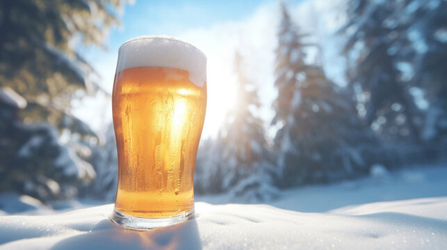 Product photograph of Beer pint glass in the snow In a winter forest. Sunlight.  Blue color palette. Drinks.
