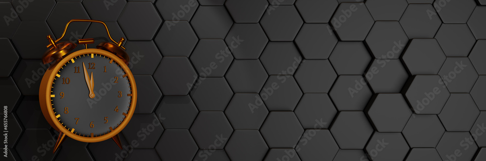Poster black friday banner. alarm clock on a hexagonal black background. 3d rendering