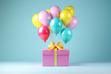 Pink birthday present gift box with festive helium balloons bunch on blue background. Happy anniversary party surprise package