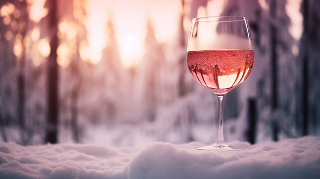 Product photograph of Wine glassin the snow In a winter forest. Sunlight.  Pink color palette. Drinks.
