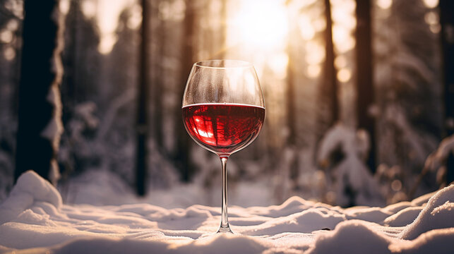 Product photograph of Wine glassin the snow In a winter forest. Sunlight.  Red color palette. Drinks.