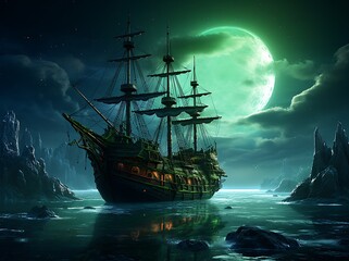 Fantasy landscape with old ship and full moon. 3D rendering - obrazy, fototapety, plakaty