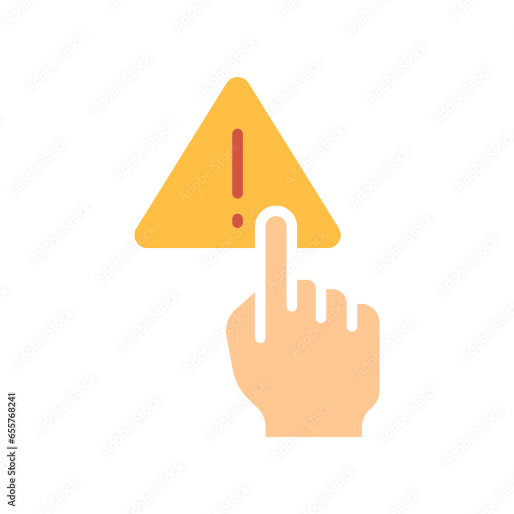 Aufkleber index finger touch triangle warning symbol with exclamation mark inside for no manage hand sign. fin
