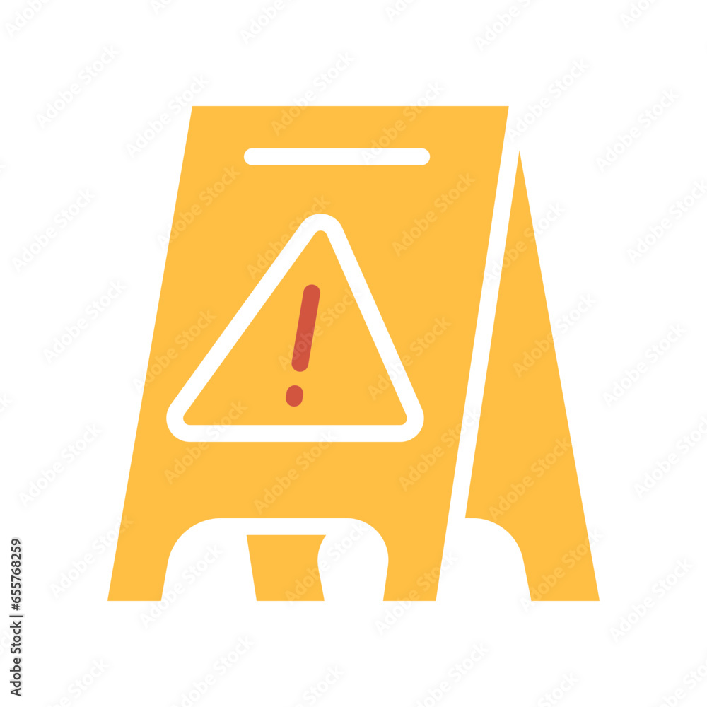 Poster yellow plastic slippery wet floor caution sign triangle with exclamation mark. cleaning floor elemen