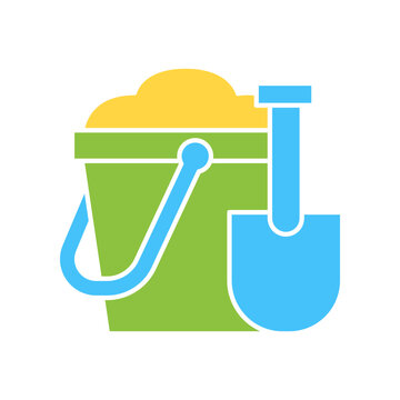 recommend clip art: Colorful toy Bucket and spade, sand in green bucket with blue shovel. Colorful plastic kid toy for play sand. in Summer Beach icon. Flat and line Vector illustration filled outline style