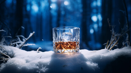 Fototapeta na wymiar Product photograph of Whisky rock glassin the snow In a winter forest. Sunlight. Blue color palette. Drinks.