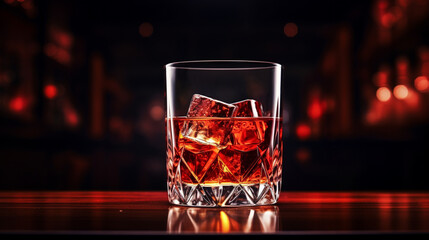 Product photograph of Whisky rock glasson a table in a nigth bar. Dramatic light. Red color palette. Drinks.