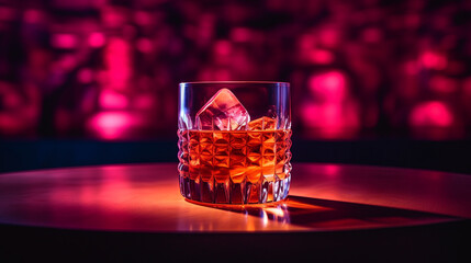 Product photograph of Whisky rock glasson a table in a nigth bar. Dramatic light. Pink color palette. Drinks.