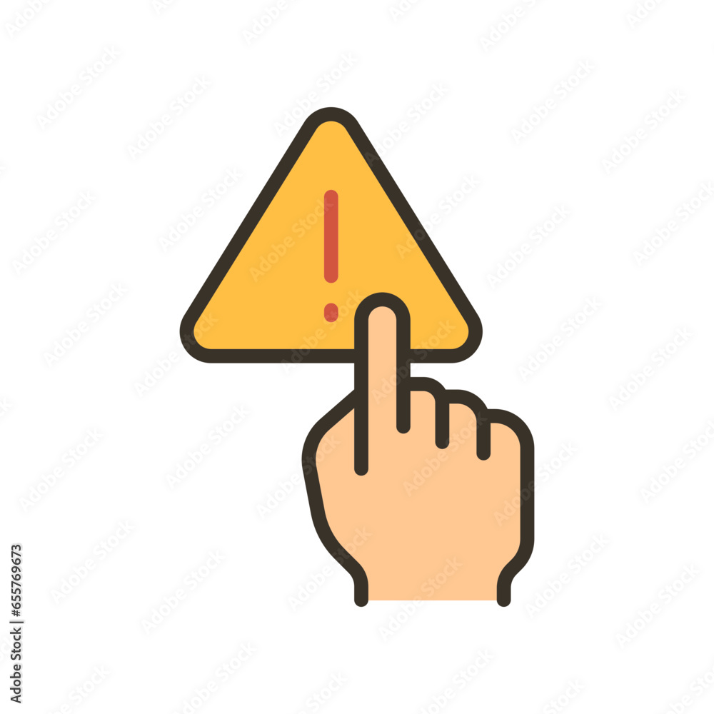Aufkleber index finger touch triangle warning symbol with exclamation mark inside for no manage hand sign. fin