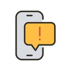 Spam data warning notification in mobile phone. malware attack. Bubble messenger with exclamation.Chat, encrypted, encryption secured, warning icon Vector illustration filled outline style