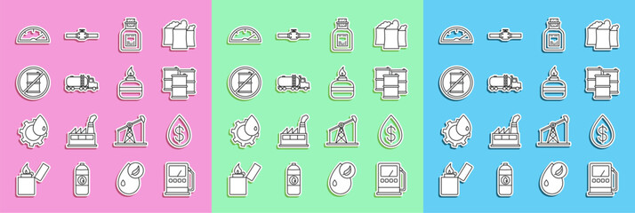 Set line Petrol or gas station, Oil drop with dollar, Barrel oil, petrol test tube, Tanker truck, No barrel for gasoline, Speedometer and Alcohol spirit burner icon. Vector