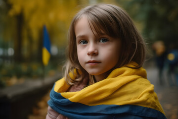 A young girl holding ukrainian flag on the street, Independence Day, kiev day concept