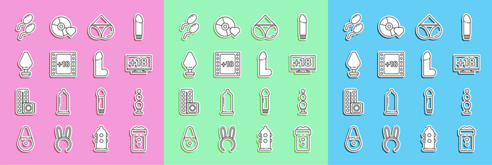 Set line Vagina masturbator, Anal beads, Monitor with 18 plus content, Woman panties, Play Video, plug, Sperm and Dildo vibrator icon. Vector