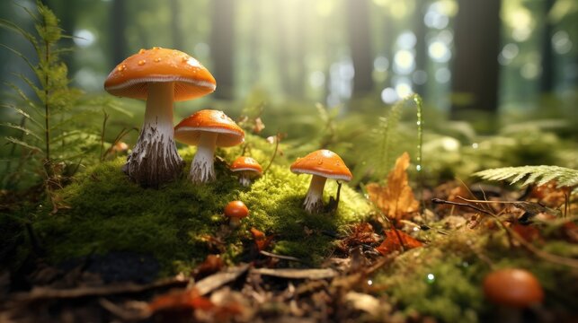 Closeup shot of orange mushrooms in the forest at warm sunny day