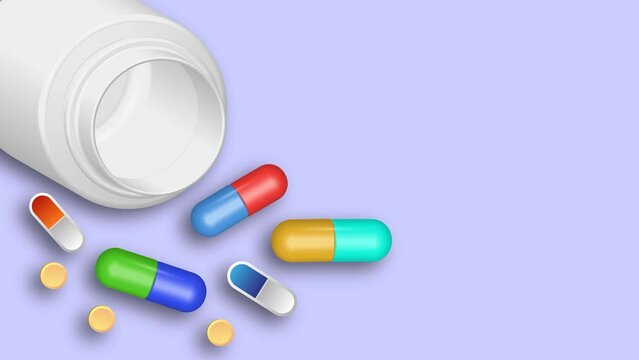 Animation. Tablets of various shapes on the table. Medicine, healthcare. A place to copy.