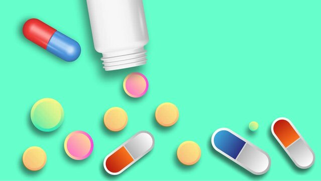 Animation. Tablets of various shapes on the table. Medicine, healthcare. A place to copy.