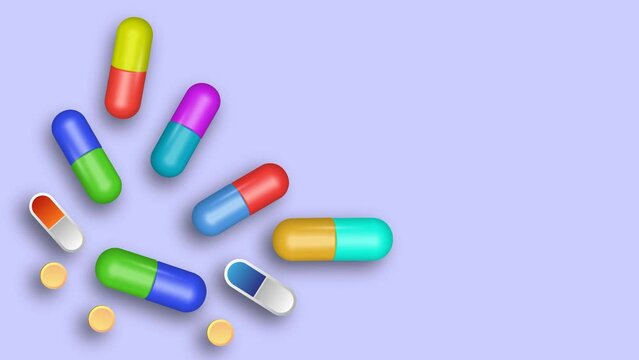 Animation. Tablets of various shapes on the table. Medicine, healthcare. A place to copy.