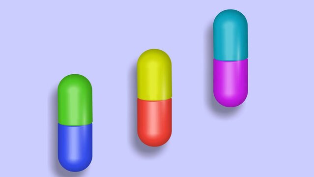 Animation. Tablets of various shapes on the table. Medicine, healthcare. A place to copy.