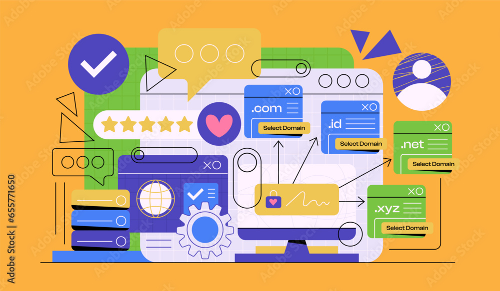Poster domain web name registration concept, website hosting and domain. flat vector illustration