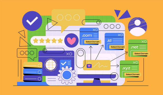 Domain web name registration concept, website hosting and domain. Flat vector illustration