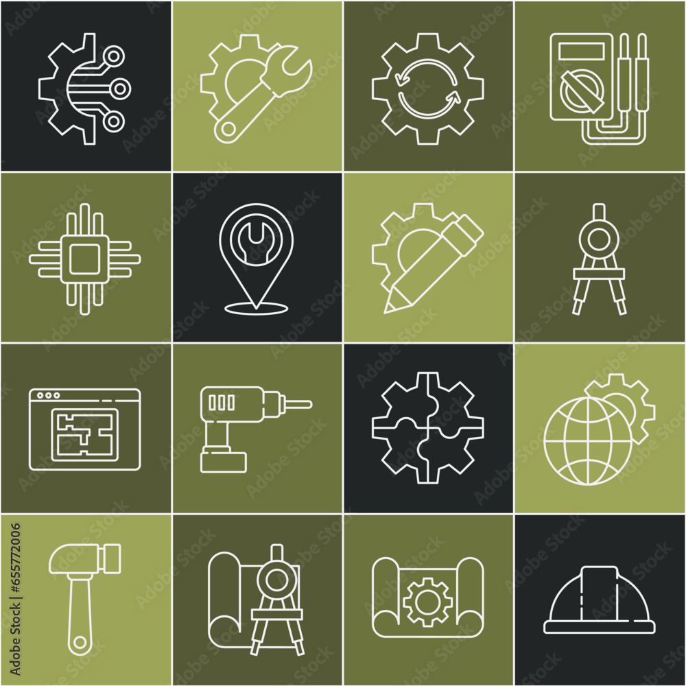 Poster set line worker safety helmet, globe of the earth and gear, drawing compass, gear arrows workflow, l