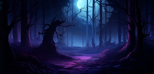 dark forest There is light from the moon at night. Makes it look like a scary atmosphere.