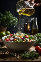 A person pouring dressing into a bowl of salad