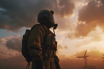 Airplane pilot in uniform, helmet and gas mask stands in front of sunset sky background - obrazy, fototapety, plakaty