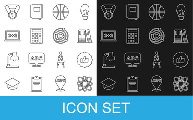 Set line Atom, Hand thumb up, Office folders, Basketball ball, Calculator, Chalkboard, Medal and Solar system icon. Vector