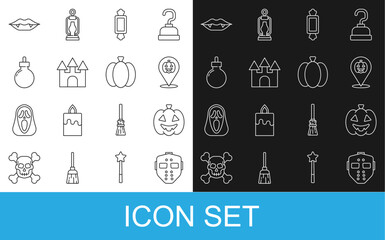 Set line Hockey mask, Pumpkin, Candy, Castle, Bomb ready to explode, Vampire teeth and icon. Vector