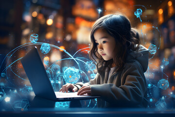 Little asian girl sits at a computer and works with a neural network. The concept of artificial intelligence and modern technologies. - obrazy, fototapety, plakaty