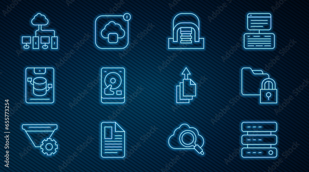 Poster set line server, data, web hosting, folder and lock, hangar with servers, hard disk drive hdd, compu
